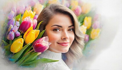 Kobieta z tulipanami. Dzień Kobiet - obrazy, fototapety, plakaty