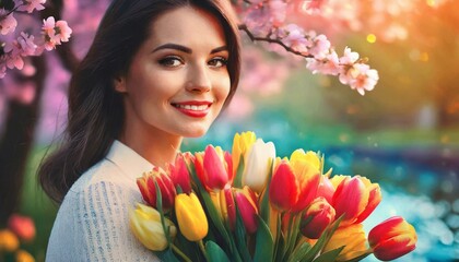Fototapeta premium Portret młodej kobiety z bukietem tulipanów. W tle kwitnące drzewo. Dzień kobiet, wiosenne tło