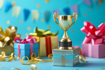 A panorama celebrating success with a gold trophy on a blue background gift boxes colorful ribbons and free space for advertising text