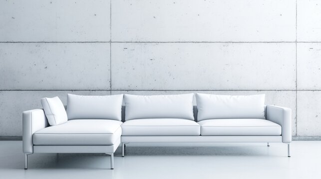 White and minimalist couch stands in front of a concrete wall in the middle of an empty room.
