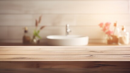 Fototapeta na wymiar Blurred bathroom sink background and counter table top of wooden planks for products display montage.