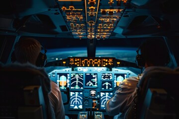 Airline pilots in the plane s cockpit while flying commercially