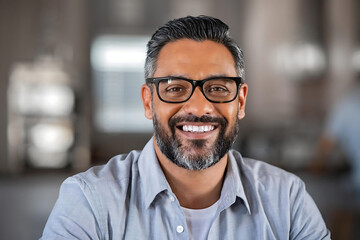 Obraz premium A mature businessman in casual attire and eyeglasses poses indoors with a blurred background. He has a stylish haircut and a confident look.
