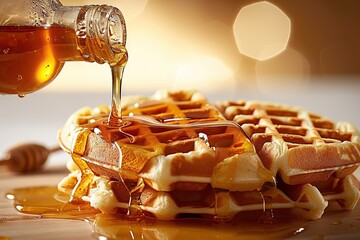 Golden Morning Delight A Close-Up View of Delicious Waffles Drizzled with Amber Maple Syrup, Illuminated by the Warm Glow of Sunrise
