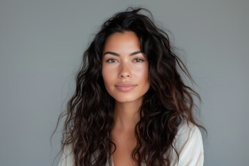 Fototapeta premium Attractive mixed race woman with curly hair posing on grey background