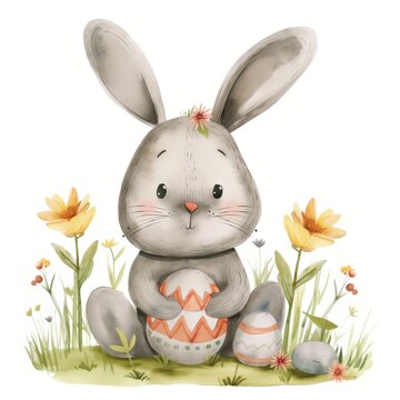 Easter bunny with a painted egg, outdoors. Pastel tone.