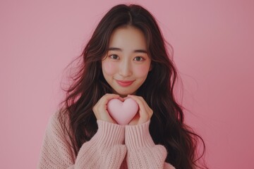 Asian woman brunette happy romantic heart gesture tender feelings casual jumper pink background Affection and care concept
