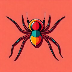 A vibrant, flat vector logo of a singlefaced, colorful spider against a sleek and minimalistic light red background.  Upscaling by