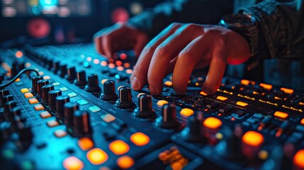 Close-up of a DJ's hands adjusting knobs on a sound mixer console with glowing lights during a live nightclub event.