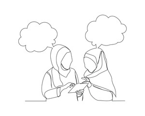 Continuous single line sketch drawing of muslim islamic woman hijab scarf coworker talking something on laptop, bubble chat talk. One line art of office worker employee vector illustration