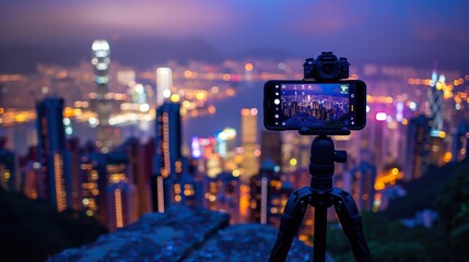 Camera and smartphone mounted on a tripod overlooking a vibrant cityscape at twilight, capturing the urban lights. - obrazy, fototapety, plakaty