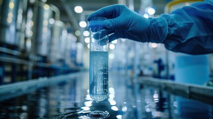 A scientist in protective gloves holds up a clear cylinder containing a water sample for evaluation in an industrial water treatment facility. - obrazy, fototapety, plakaty