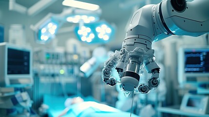 A robotic surgical system poised to perform a procedure, featuring high precision and control in a state-of-the-art operating room. - obrazy, fototapety, plakaty
