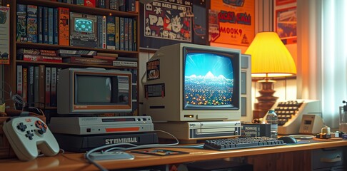 A meticulously curated retro computer and gaming workspace, adorned with vintage tech and classic video game memorabilia.