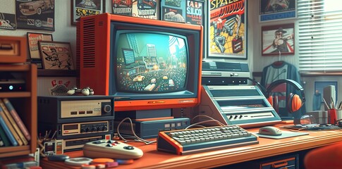 A warm and inviting home office filled with iconic 80s computing and gaming equipment, complete with nostalgic memorabilia.