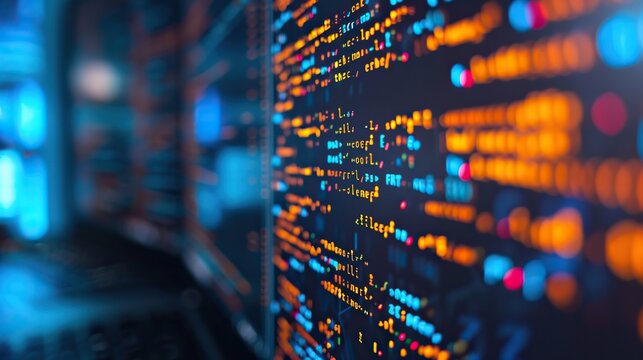 Detailed close-up of glowing computer code on dual monitors, showcasing the intricacies of software development and programming.