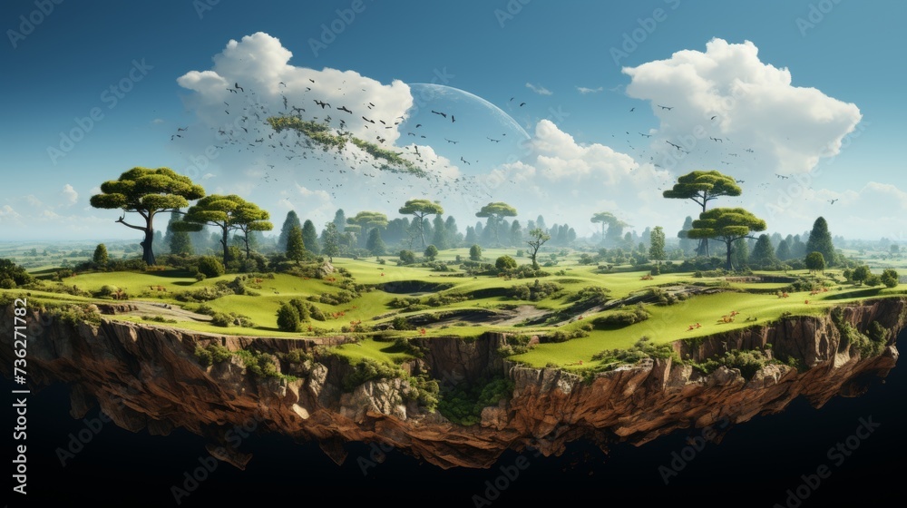 Poster the grass is floating, with soil on one side and a cloudy sky on the other. 3d rendered, a grass fie