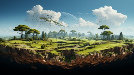 The grass is floating, with soil on one side and a cloudy sky on the other. 3D rendered, a grass field with clouds flying in the air.