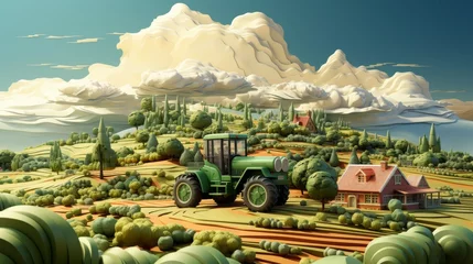 Rollo An isometric view of farm land with a tractor harvesting crops. A cross section of a wheat farm isolated with clouds. It portrays a beautiful view of a farm landscape. A smart farming advertising © Zaleman
