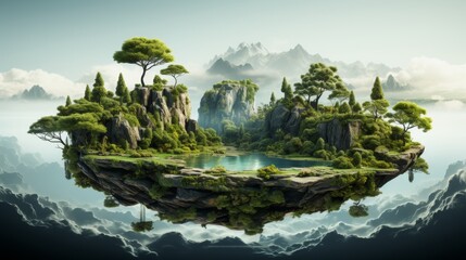 Isolated floating island with waterfalls, trees, green grass, river. Surrealism of flying island with waterfalls and trees, landscape. - obrazy, fototapety, plakaty