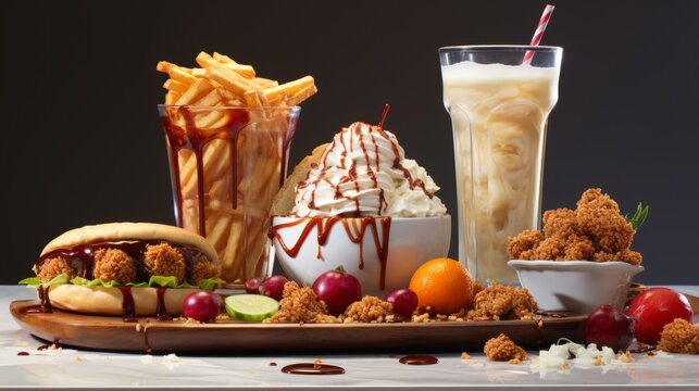 The fast food items of fried chicken, shawarma, taco, hamburger, fires, chocolate ice-cream, and cold coffee are isolated on a white background.