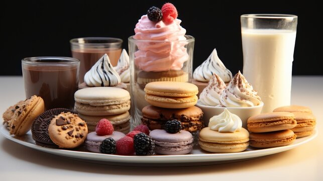 A close-up of sweets and desserts from a bakery, isolated on a white background. Close-up of apple pie, chocolate chip cookies, cream puff, red velvet cake, cupcakes. Concept of bakery food set and