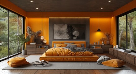 Vibrant orange walls embrace a cozy living space, complete with a plush sofa bed, elegant coffee table, and delicate vases, creating the perfect studio den for relaxation and style