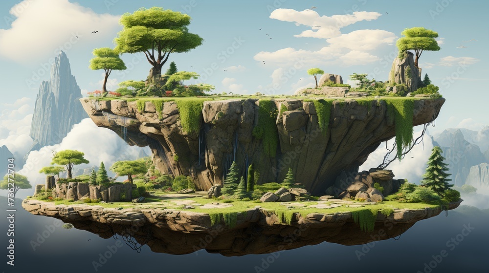 Poster A floating paradise rock image with grass field isolated on an abstract background, showing a floating rock with grass lawn on an empty field. Surreal 3d rendering of float stone land isolated on an