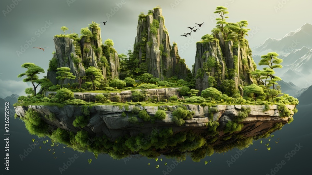 Poster An abstract 3D rendering of flying paradise rock floating island with green grass field. An isolated 3D rendering of floating rock with grass lawn, an empty field with floating rock.