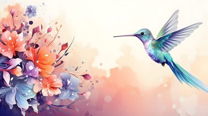 Fototapeta na wymiar Flying hummingbird web banner. National Hummingbird Day. Flying hummingbird with flowers background. Small colorful bird in flight