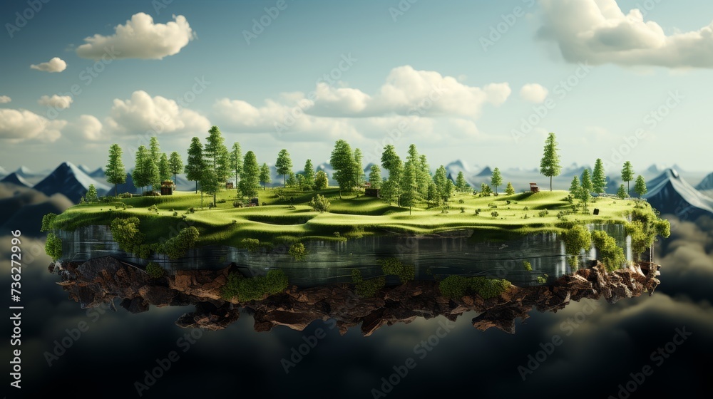 Aufkleber Isolated grass field in air with clouds and a green grass surface. 3D rendered, isolated grass field flying in air with clouds.