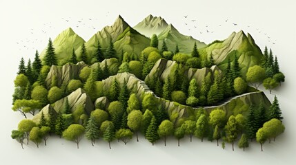 Isolated green mountains on white background. 3D illustration of forest mountains.