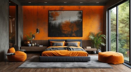 Cozy yet vibrant, this studio room features a plush orange bed against a wall adorned with modern vases, while natural light pours in through the window and a stylish loveseat invites relaxation