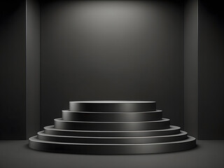 Black podium or pedestal display on a dark background with a long platform blank product shelf standing backdrop 3D rendering designs.
