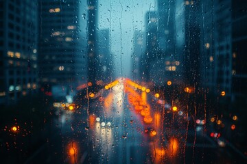 As the rain fell gently, the city lights reflected off the wet streets, creating a peaceful yet lively atmosphere outside the window of the tall building