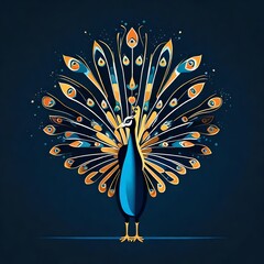 A stunning flat vector logo of a regal peacock, displaying its vibrant plumage, set against a solid navy background for a sleek and minimalistic look. Isolated on navy solid background.