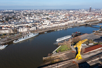 A photo from a drone of the French city of Nantes on the Loire River.