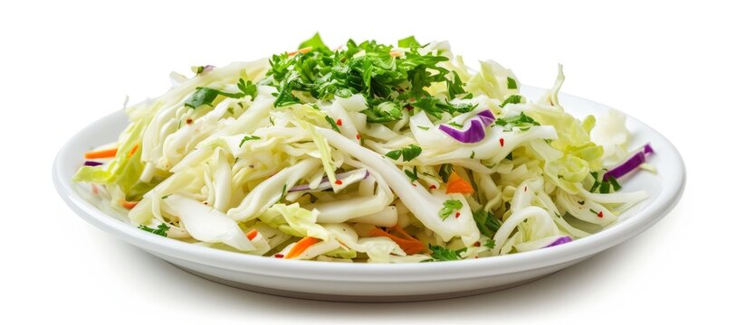 A close up image showcasing a plate of coleslaw on a white background, featuring fresh leaf vegetables and other ingredients commonly used in this staple food dish