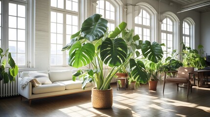 Fototapeta na wymiar Large statement plants like monstera or at home. Large Indoor Plants for Making a Big Statement. houseplants with big leaves