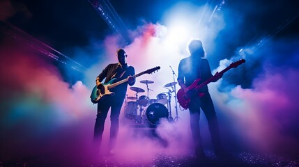 Fototapeta na wymiar Rock band concert in cloud colorful dust. Music event, Rock band performs on stage colorful dust background. Guitarist, bass guitar and drums on stage.