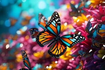 Beautiful monarch butterfly background and Colorful flying butterflies illustration - obrazy, fototapety, plakaty