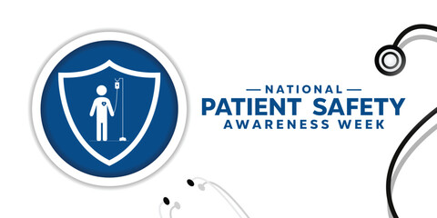 National Patient Safety Awareness Week. Shields, hearts, stestoscopes and people icons. cards, banners, posters, social media and more. White background.