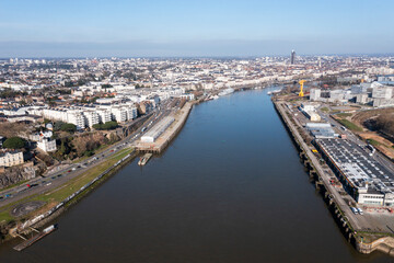 Fototapeta premium A photo from a drone of the French city of Nantes on the Loire River.