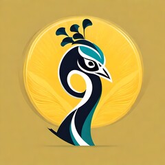 An elegant, minimalistic flat vector logo featuring the face of a sleek and stylized peacock, set against a simple yellow backdrop. Pictureperfect with HD clarity.  Upscaling by