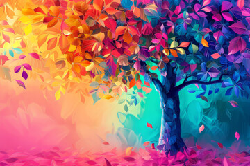 Colorful Tree Image ,Elegant colorful tree with vibrant leaves hanging branches illustration. Bright color 3d abstraction wallpaper for interior mural painting wall art decor. - obrazy, fototapety, plakaty