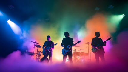 Rock band concert in cloud colorful dust. Music event, Rock band performs on stage colorful dust...