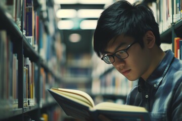 Asian male student studying and reading in the library - obrazy, fototapety, plakaty