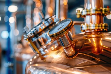 Craft brewery equipment: Stainless steel tanks and gauges with a focus on a pressure meter, essential for the beer brewing process in an industrial or microbrewery setting.. - obrazy, fototapety, plakaty