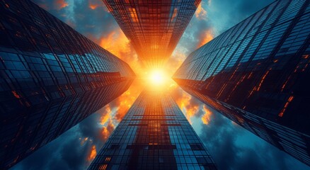 Captivating symmetrical skyline, illuminated by the sun's rays through towering skyscrapers, reflecting the city's dynamic energy and endless possibilities - obrazy, fototapety, plakaty