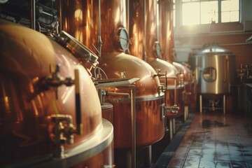 Brewing process technology: Metallic brewery machinery with temperature control devices, illustrating the high-tech process of producing alcoholic beverages like ale or lager..
